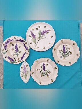 Hand Painted Lavender Bee Ceramic Dinner Plate and Bowl Set